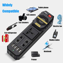 200W Car Power Inverter - DC 12V to AC 220V Converter with 2 AC Outlets, 4 USB Ports & Cigarette Lighter Socket
